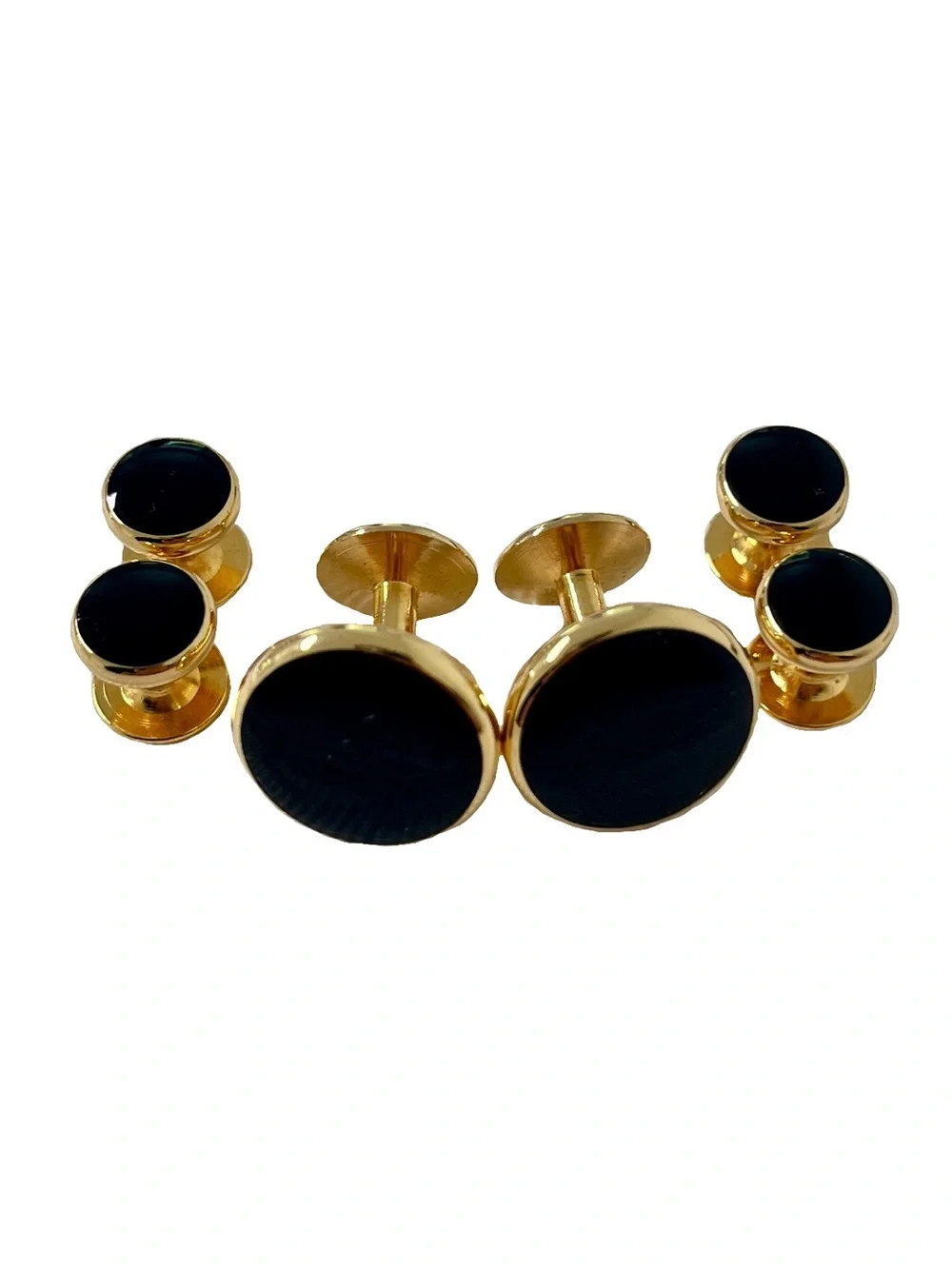 Goldtone Black Round Cufflinks and Tuxedo Buttons Set